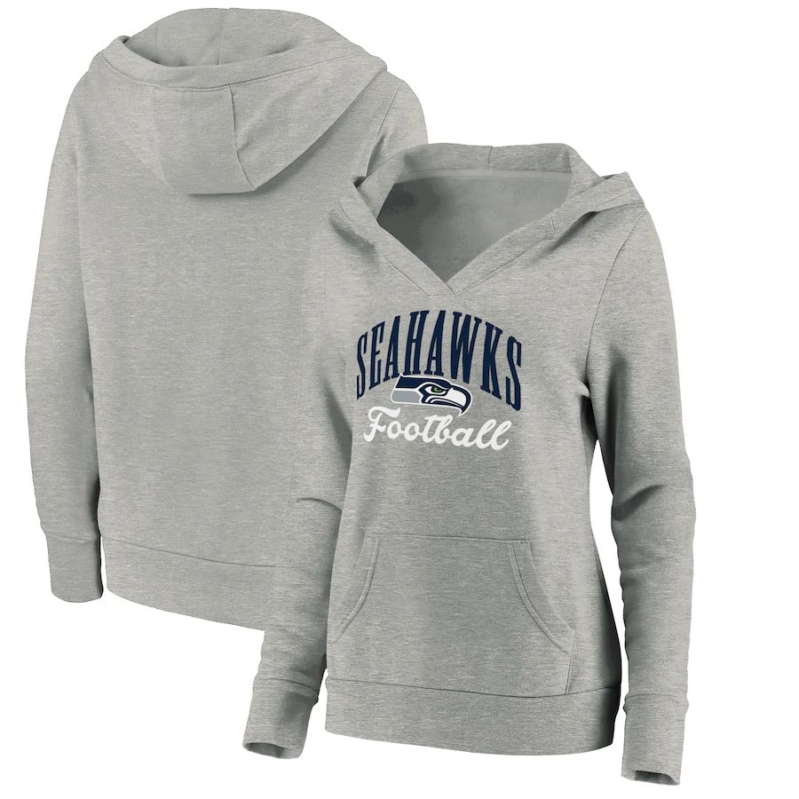 Women Seattle Seahawks Fanatics Branded Heathered Gray Victory Script V-Neck Pullover Hoodie->women nfl jersey->Women Jersey
